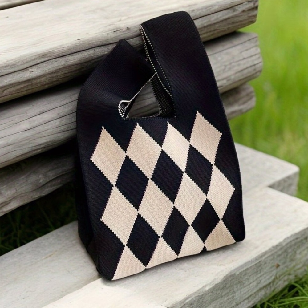 Chic Women's Knit Tote Bag with Striped Diamond & joyful Face Design